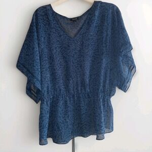 ANA Women's Size L Sheer‎ Blue White Polyester Blouse W/tie Waist